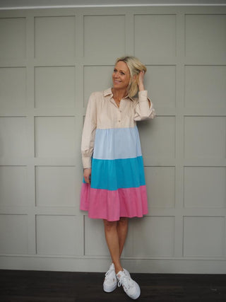 Lolita Long Sleeve Shirt Dress - Aqua/Light Blue/Pink/Stone Block Print