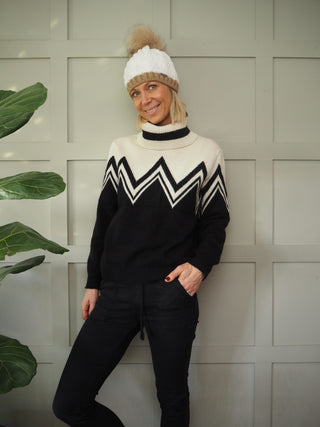 Andrea Pom Pom Hat - Off White with Camel Stripe