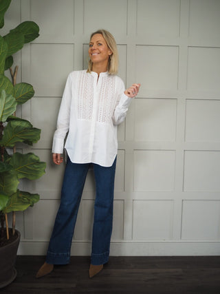 Aggie Cotton Blouse with Broderie Anglaise Detail - Navy Blue