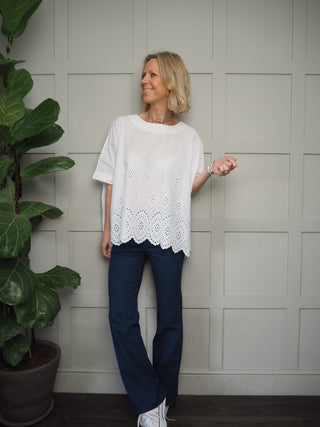 Doris Cotton T-Shirt with Broderie Anglaise Detail - White