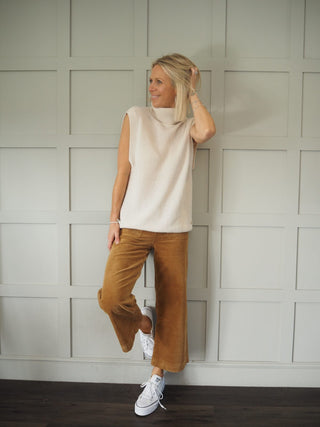 Atlanta Wide Leg, Cropped, Mid-Rise Corduroy Trousers - Camel