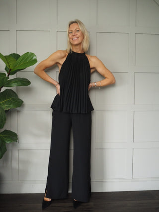 Gertie Wide Leg Trousers - Black with Silver Stripe