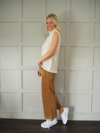 Atlanta Wide Leg, Cropped, Mid-Rise Corduroy Trousers - Camel