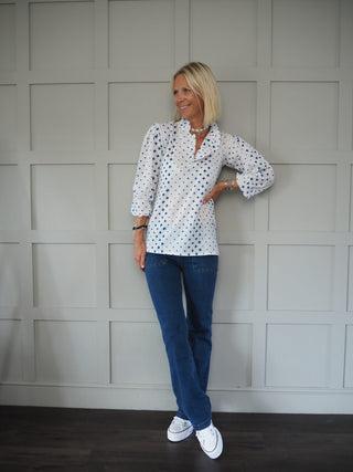 Diamond Long Sleeve Blouse with Ruffle Collar - Off White/Blue