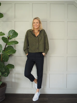 Cori Velvet Feel Shacket with Ribbed Effect &amp;Tortoise Shell Button Fastening - Khaki