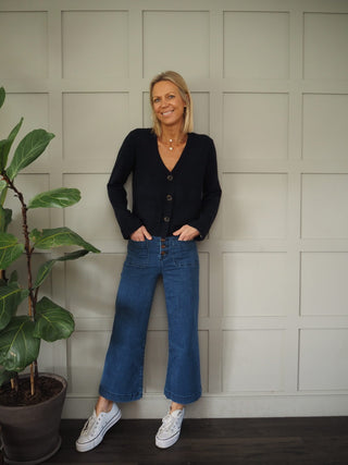 Cashmere Cardigan by Brodie with Crochet Back - Navy Blue