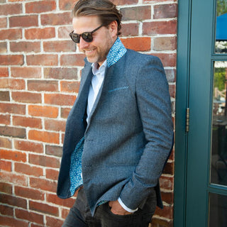 Men’s Jude Herringbone Wool Blazer with Hand Block Printed Lining - Navy/Grey