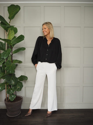 Silk Mix Long Sleeved Blouse with Button Fastenings and Frill Detail - Black