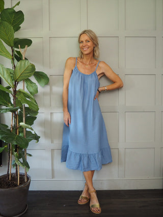 Eli Spaghetti Strap Sun Dress - Blue, Taupe, White