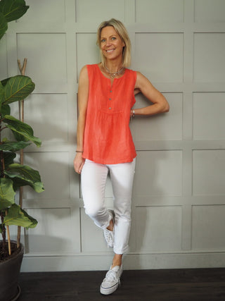 Ekina Linen Vest Top - Coral, Navy Blue, White
