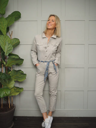 Bisous Long Sleeved Jumpsuit - Skinny-Fit with Stretch, Silver Button Detail &amp; Separate Blue Floral Belt - Stone