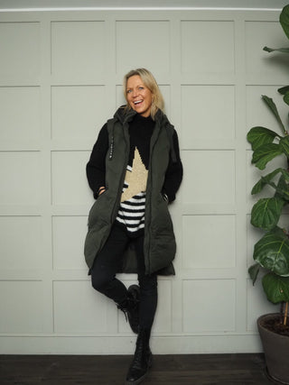 Longline Puffa Gilet with Zip Fastening &amp; Hood by Saint &amp; Sinner - Black, Khaki