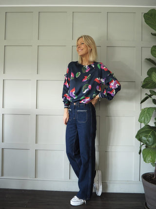 Violets Round Neck, Wide Sleeved Top by Pom Amsterdam - Dark Blue