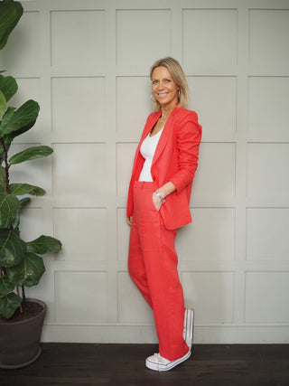 Saint Barth Single-Breasted Linen Blazer with Single Button Fastening and Two Pockets - Coral