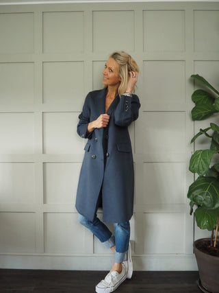 Jenci Double Breasted Handmade Coat, Wool Mix with Lapel Collar, Pockets &amp; Buttoned Cuffs by Rino &amp; Pelle - Night and Stone