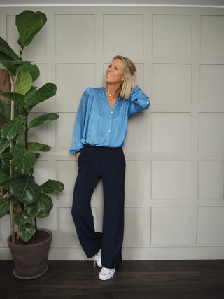 Silk Mix Long Sleeved Blouse with Button Fastenings and Frill Detail - Black