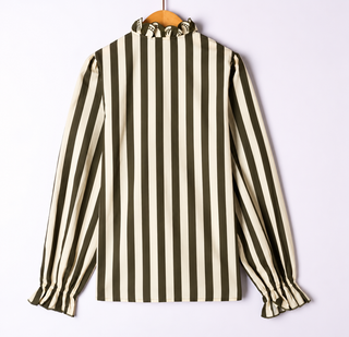 Westminster Stripe Blouse with Scalloped Detailed  - Khaki, Red