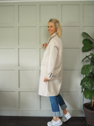 Jenci Double Breasted Handmade Coat, Wool Mix with Lapel Collar, Pockets &amp; Buttoned Cuffs by Rino &amp; Pelle - Night and Stone