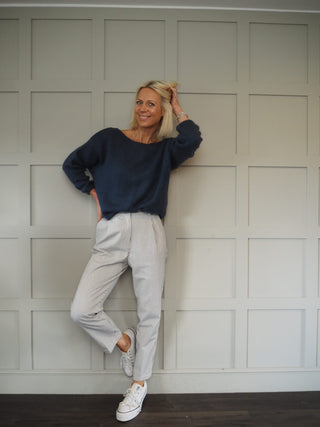 Lauren Cotton Trousers - Navy Blue/Off White Stripes