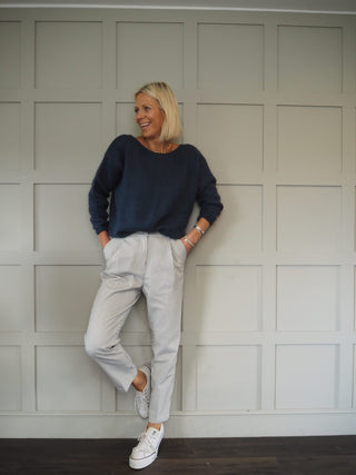 Lauren Cotton Trousers - Navy Blue/Off White Stripes