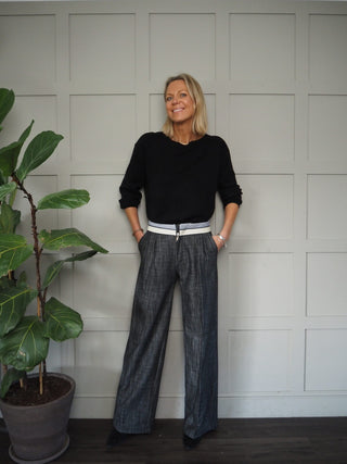 Wispa Cotton Wide Leg Trousers with Stripy &amp; Cream Waistband - Black