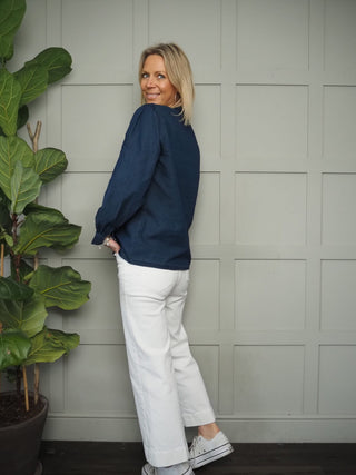 Onado Pleated Round Neck Shirt - Dark Denim