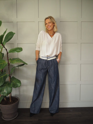 Wispa Cotton Wide Leg Trousers with Stripy &amp; Cream Waistband - Black