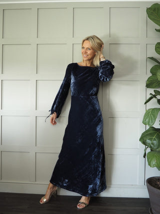 Tresor Velvet Maxi Dress with Round Neck &amp; Balloon Sleeves by Ottod'Ame - Midnight Blue