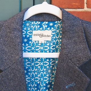 Men’s Jude Herringbone Wool Blazer with Hand Block Printed Lining - Navy/Grey