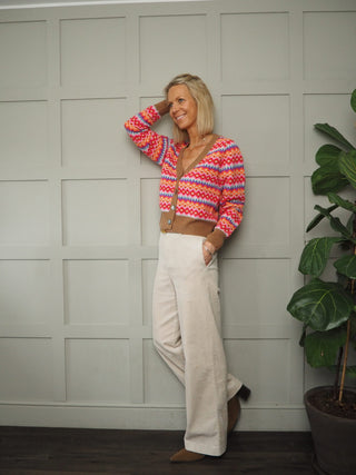 Leslie Farley Fairisle Puff Sleeve Cashmere Jumper and Cardigan by Brodie - Camel with Neon Orange / Pink / Blue / Purple