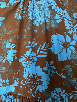 Nyx Long Sleeved Midi Dress with Front High Neck &amp; Back Cut Out Detail - Blue/Chocolate