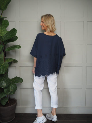 Doris Cotton T-Shirt with Broderie Anglaise Detail - White