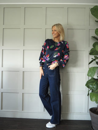 Violets Round Neck, Wide Sleeved Top by Pom Amsterdam - Dark Blue