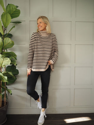 Becks Polo Neck Cashmere Mix Jumper - Oatmeal/Black Stripe