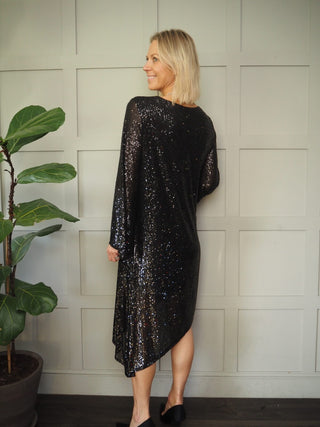 Angel Sequin Dress with Angel Wing Sleeves and Asymmetric Hemline - Black
