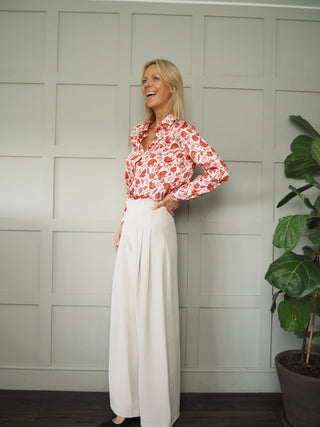 Clavier Long Sleeve Silk Feel Blouse by Emme - Midnight Blue, Red