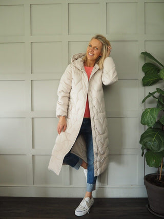 Jikke Long Padded Coat, Lined with Zipper &amp; Secret Inside Pocket by Rino &amp; Pelle - Night, Stone