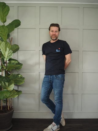 Men’s 'Children Of The Sun' Cotton T-Shirt by Thinking Mu - Navy Blue with Wave and Sun Logo