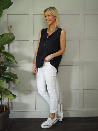 Ekina Linen Vest Top - Coral, Navy Blue, White