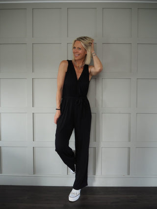 Marta Short Sleeved V Neck Jersey Jumpsuit with Cross Over Neckline - Blue