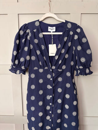 Gabrielle Cotton Midi Dress with Embroidered Detail by Frnch - Navy Blue