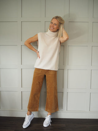 Atlanta Wide Leg, Cropped, Mid-Rise Corduroy Trousers - Camel