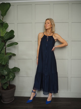 Wendi Silk Mix Sun Dress by Frnch - Navy Blue