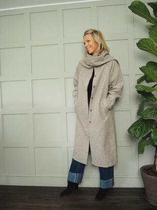 Chjosia Coat, Wool Blend, Lined With High Collar &amp; Detachable Scarf by Moss Copenhagen - Taupe