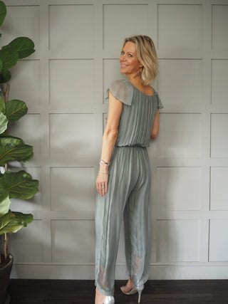 Purdie Silk Mix Playsuit with Elasticated ‘On/Off Shoulder’ Neckline, Frill Capped Sleeve, Lined - Light Khaki Green