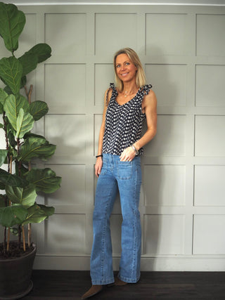 Rachida Floral Tie Shoulder Top - Navy Blue