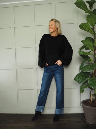 Hope Balloon Sleeve Round Neck Jumper by Moss Copenhagen - Black, Cocoa and Ecru