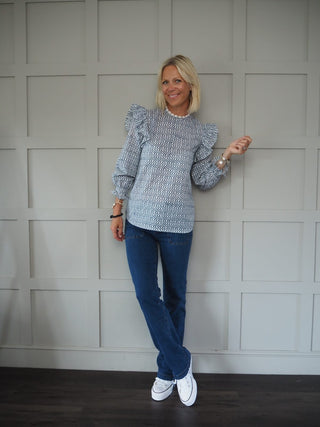 Moroccan Print Blouse with Ruffle and Pin-Tuck Detail - Blue