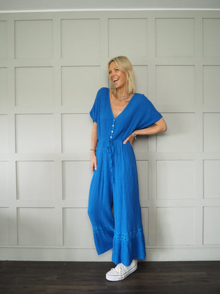 Kitts V Neck Cheesecloth Jumpsuit - Deep V Neckline Front &amp; Back, Cap Sleeves - Black and Cobalt Blue
