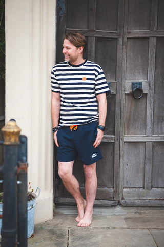 Men's Hazpa Spot Cotton T-Shirt by Loreak Mendian - Off White/Navy Stripe with Logo